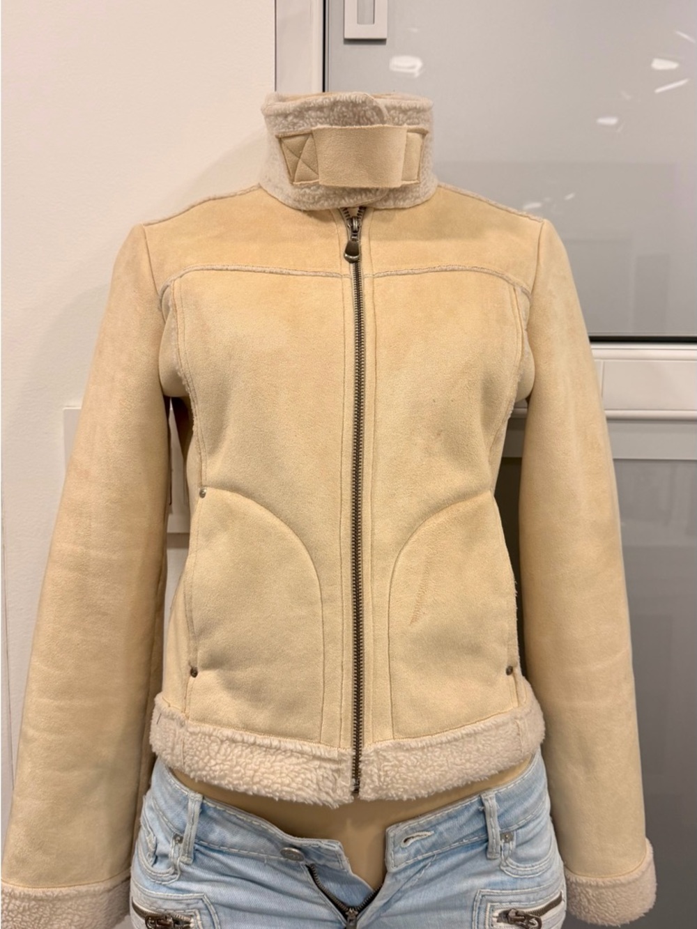 bebe Cream Shearling Zip-Front Jacket